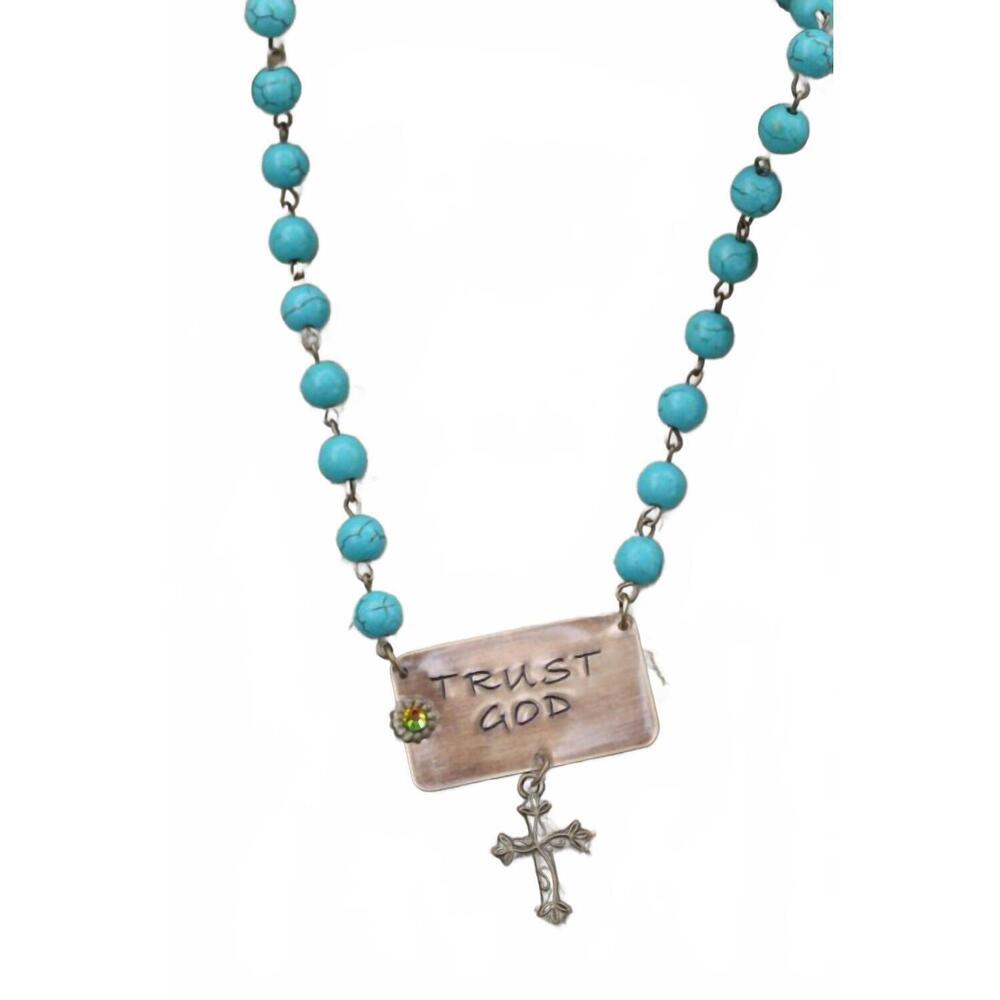 NEW PINK PANACHE women's linked necklace with trust god pendant in turquoise